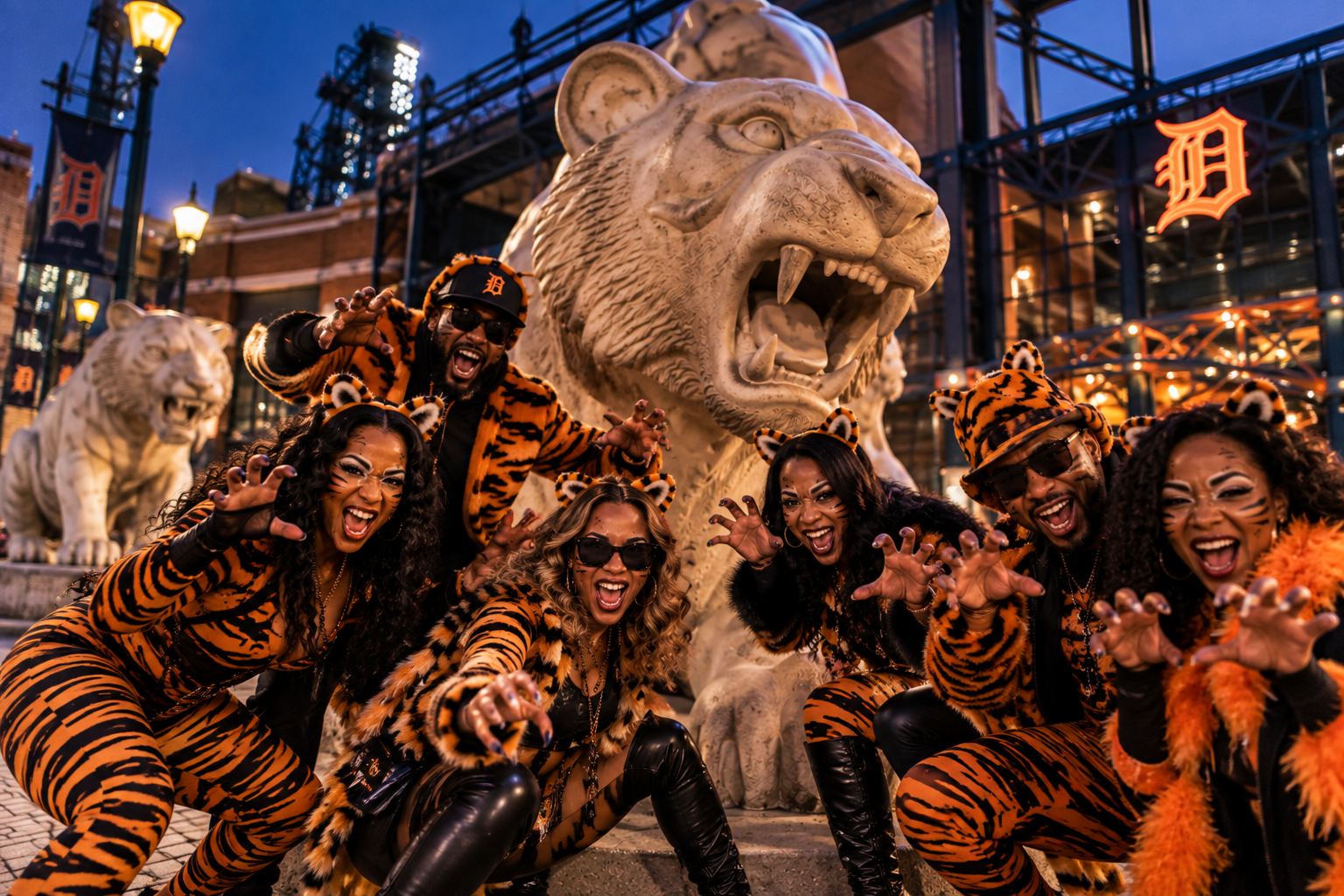 A stylish adult team in coordinated tiger-inspired costumes striking playful poses beside the Comerica Park tiger statues in Detroit