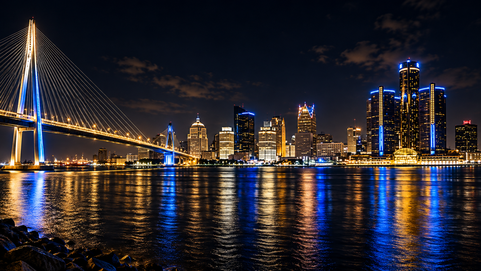Detroit skyline and bridge illuminated at night across the river